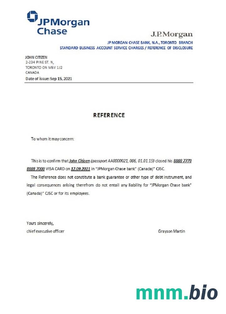Kanada JP Morgan Chase zamknięcie przykład odniesienia w formatach Word i PDF